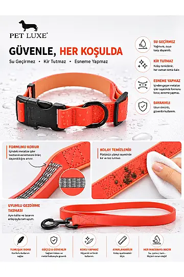 Turuncu Yumuşak Kaplamalı Ayarlanabilir Köpek Boyun Tasma Seti Esneme Yapmaz, Kir ve Koku Tutmaz