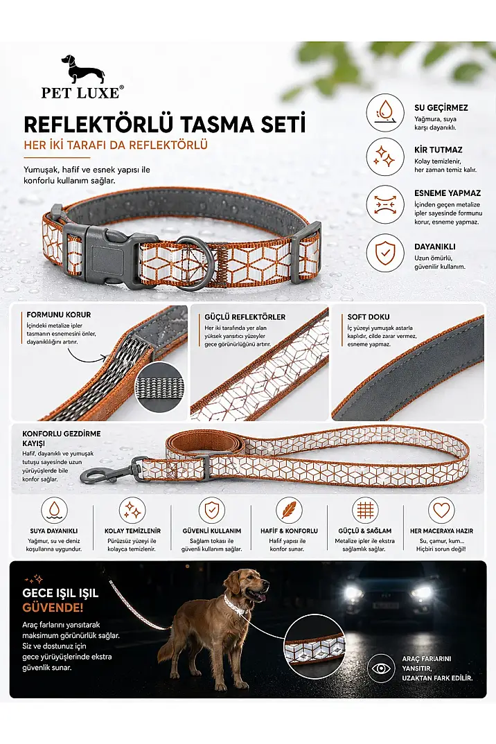 Turuncu Reflektörlü Ayarlanabilir Köpek Boyun Tasma Seti – Esneme Yapmaz, Güvenli Kilit - 2