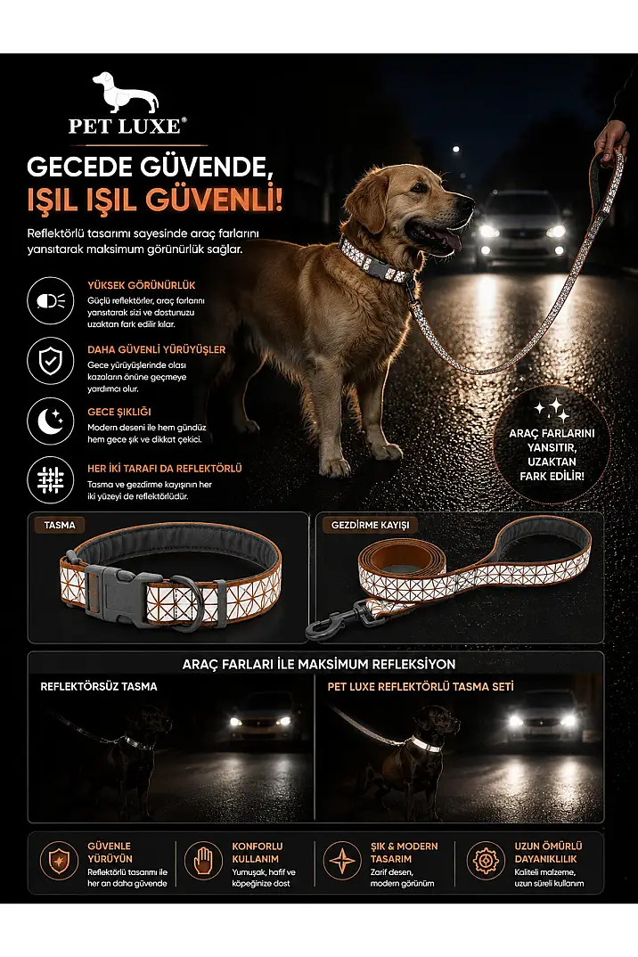 Turuncu Reflektörlü Ayarlanabilir Köpek Boyun Tasma Seti – Esneme Yapmaz, Güvenli Kilit - 3